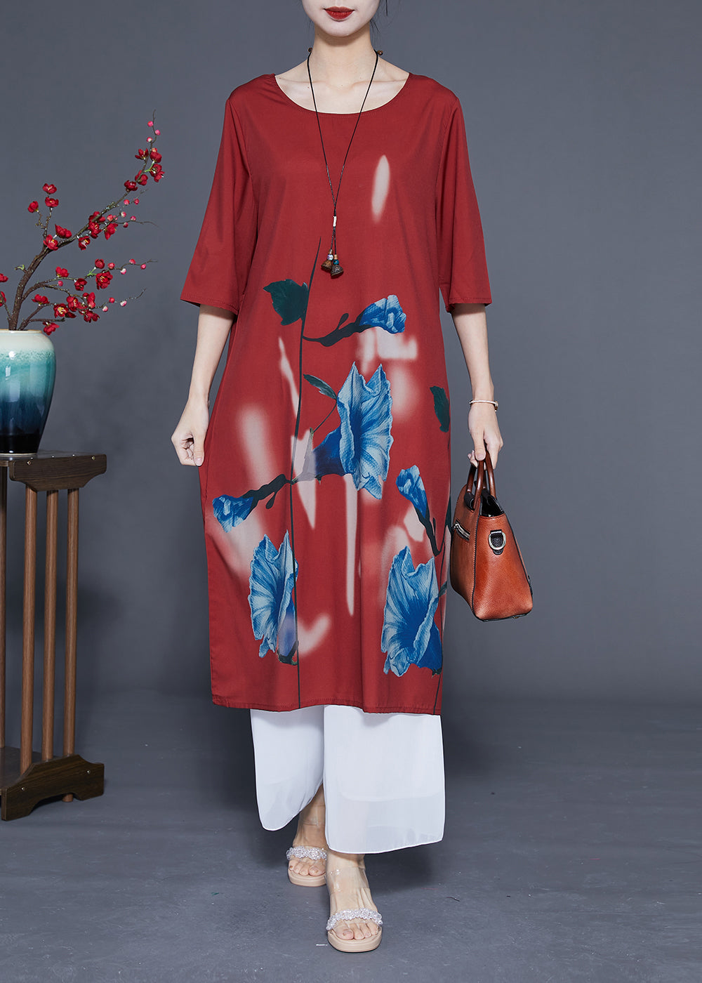 Women Rust O-Neck Morning Glory Print Silk Robe Dresses Half Sleeve LC0371 - fabuloryshop