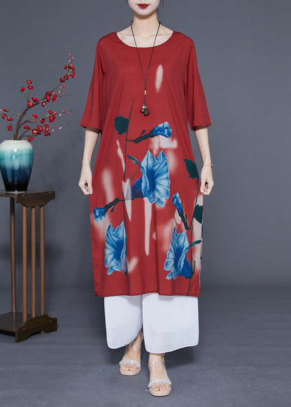 Women Rust O-Neck Morning Glory Print Silk Robe Dresses Half Sleeve LC0371 - fabuloryshop