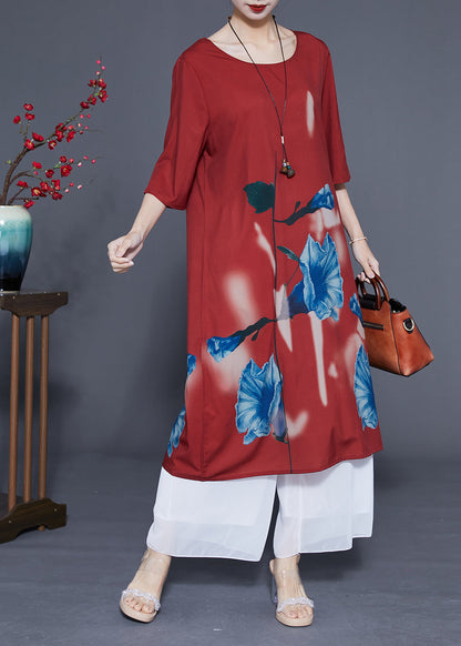 Women Rust O-Neck Morning Glory Print Silk Robe Dresses Half Sleeve LC0371 - fabuloryshop