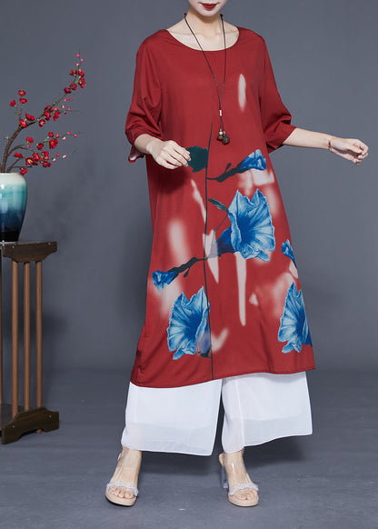 Women Rust O-Neck Morning Glory Print Silk Robe Dresses Half Sleeve LC0371 - fabuloryshop