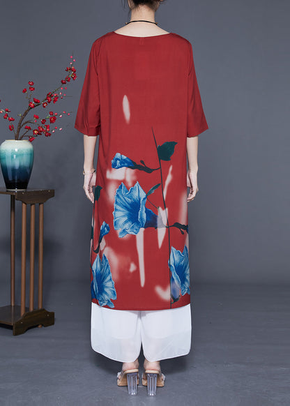 Women Rust O-Neck Morning Glory Print Silk Robe Dresses Half Sleeve LC0371 - fabuloryshop