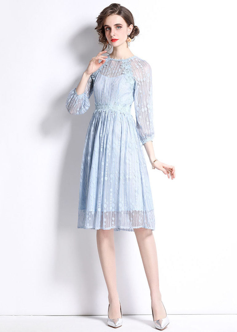 Women Sky Blue Embroideried Wrinkled Patchwork Lace Mid Dress Summer LY7424 - fabuloryshop