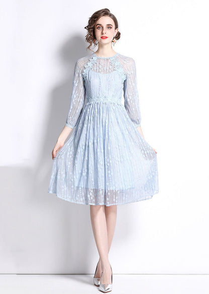 Women Sky Blue Embroideried Wrinkled Patchwork Lace Mid Dress Summer LY7424 - fabuloryshop