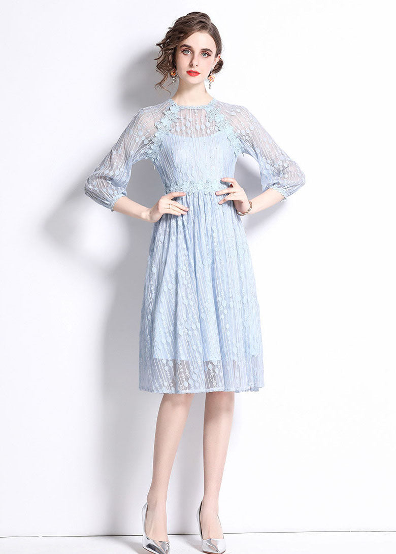 Women Sky Blue Embroideried Wrinkled Patchwork Lace Mid Dress Summer LY7424 - fabuloryshop