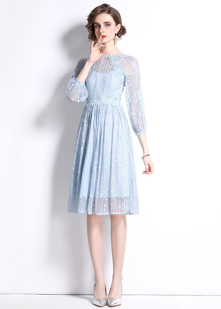 Women Sky Blue Embroideried Wrinkled Patchwork Lace Mid Dress Summer LY7424 - fabuloryshop