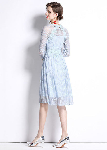 Women Sky Blue Embroideried Wrinkled Patchwork Lace Mid Dress Summer LY7424 - fabuloryshop