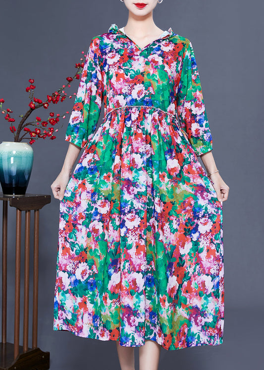 Women Slim Fit Hooded Ruffled Print Silk Long Dresses Summer LY0929 - fabuloryshop