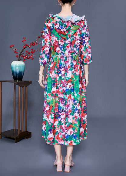 Women Slim Fit Hooded Ruffled Print Silk Long Dresses Summer LY0929 - fabuloryshop