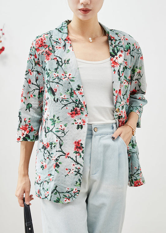 Women Slim Fit Plum Blossom Print Pockets Linen Coats Half Sleeve Ada Fashion