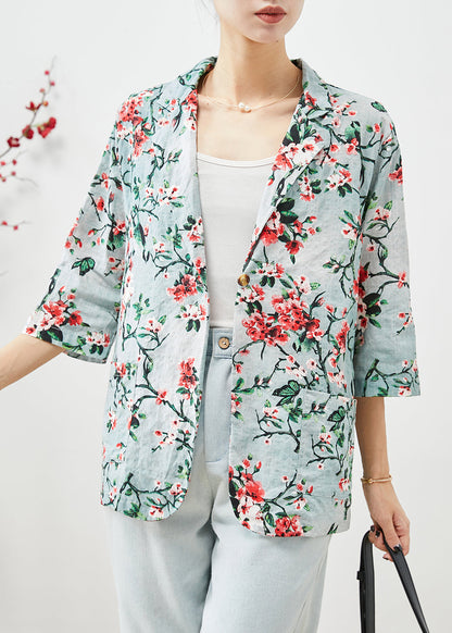 Women Slim Fit Plum Blossom Print Pockets Linen Coats Half Sleeve Ada Fashion