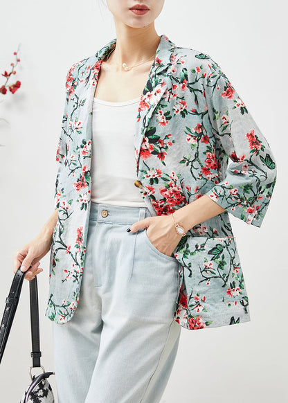 Women Slim Fit Plum Blossom Print Pockets Linen Coats Half Sleeve Ada Fashion