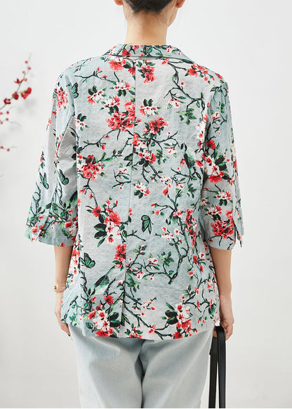 Women Slim Fit Plum Blossom Print Pockets Linen Coats Half Sleeve Ada Fashion