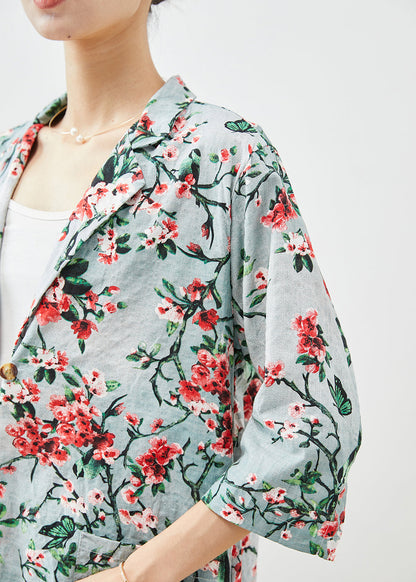 Women Slim Fit Plum Blossom Print Pockets Linen Coats Half Sleeve Ada Fashion