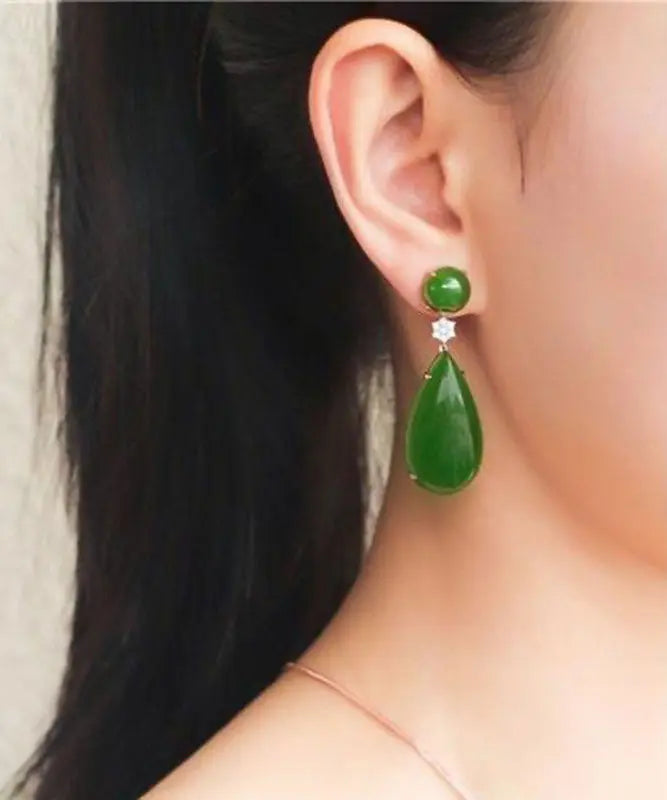 Women Spinach Green Jade Zircon Water Drop Drop Earrings Ada Fashion