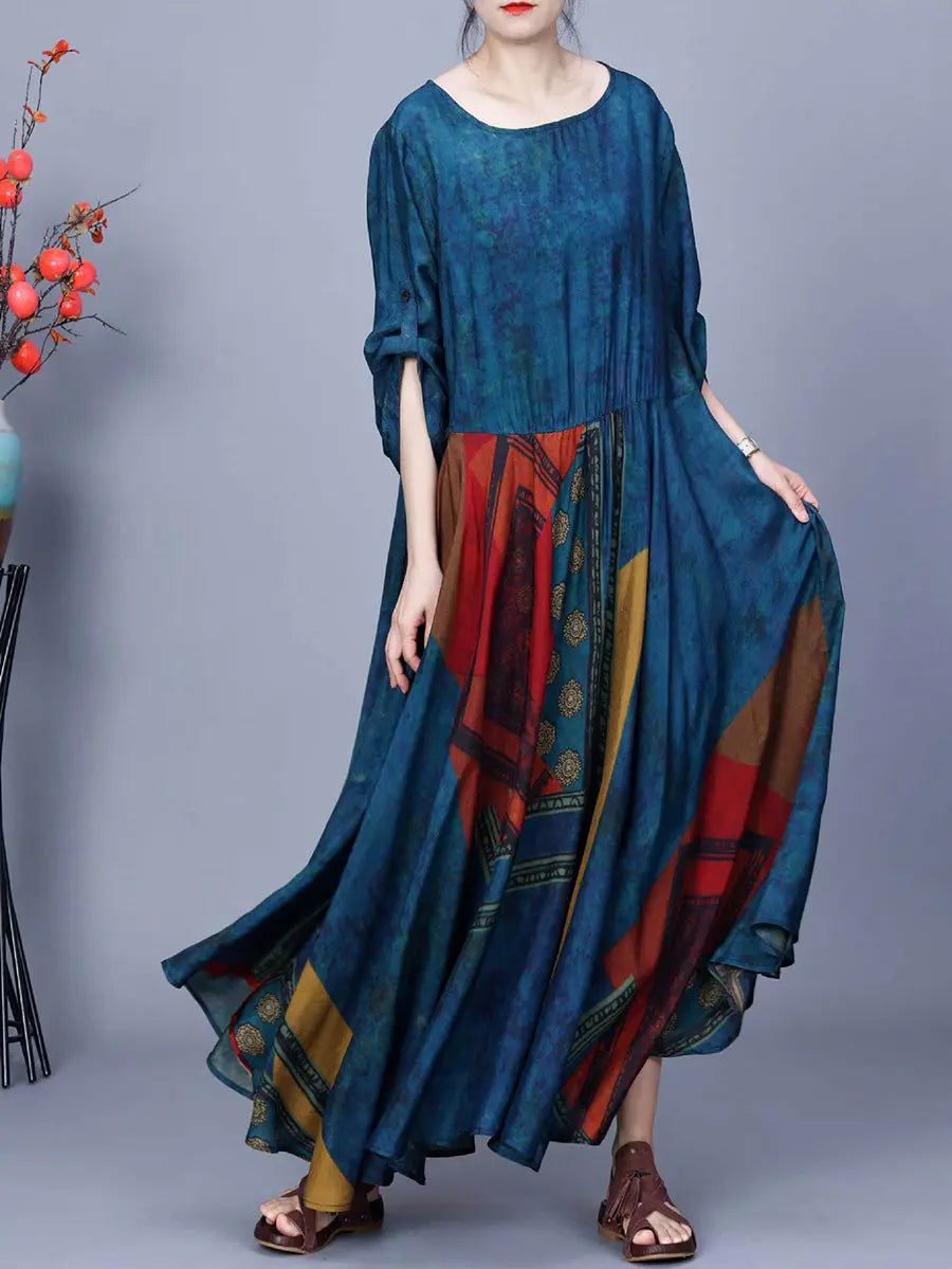 Women Spring Artsy Spliced Loose Maxi Dress Ada Fashion