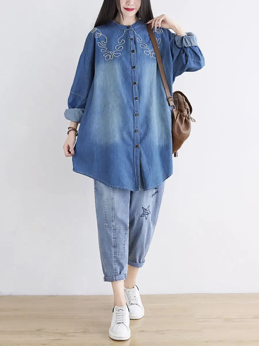 Women Spring Casual Embroidery Denim Long Shirt Ada Fashion