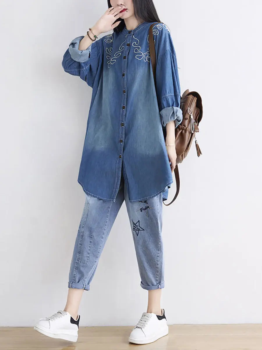 Women Spring Casual Embroidery Denim Long Shirt Ada Fashion