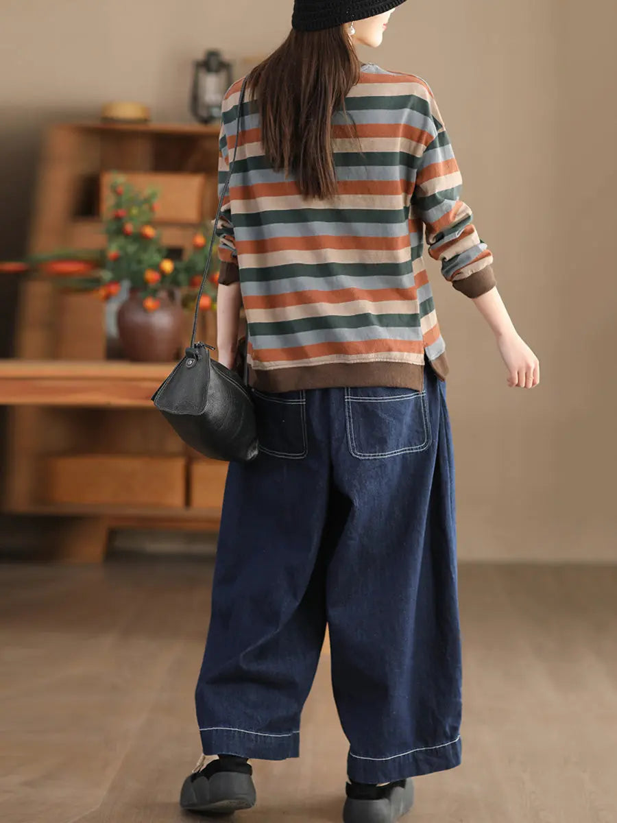 Women Spring Colorblock Stripe O-Neck Shirt Ada Fashion