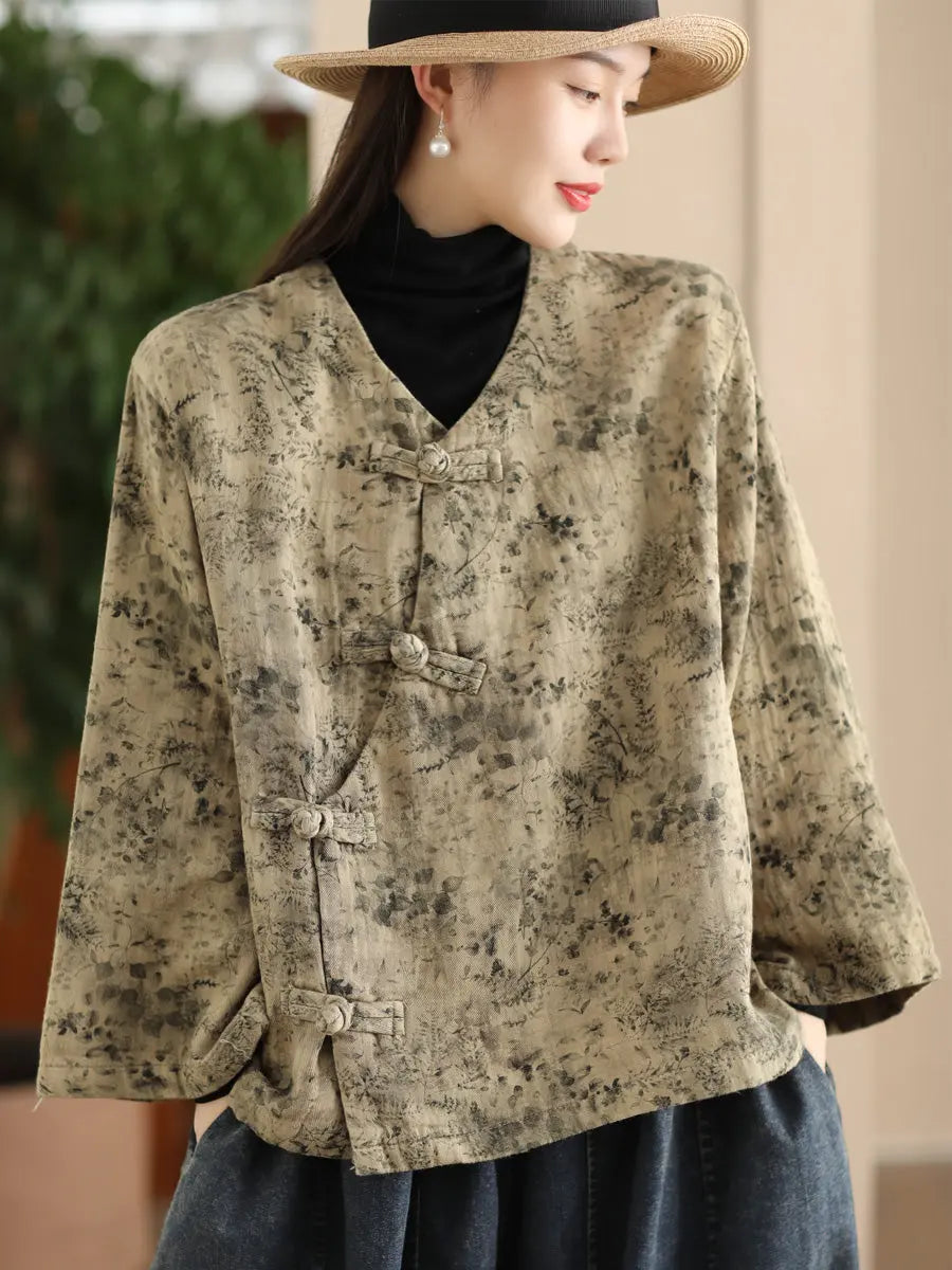 Women Spring Ethnic Floral V-Neck Shirt Ada Fashion