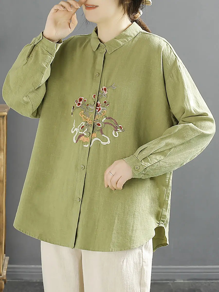 Women Spring Flower Embroidery Linen Shirt Ada Fashion