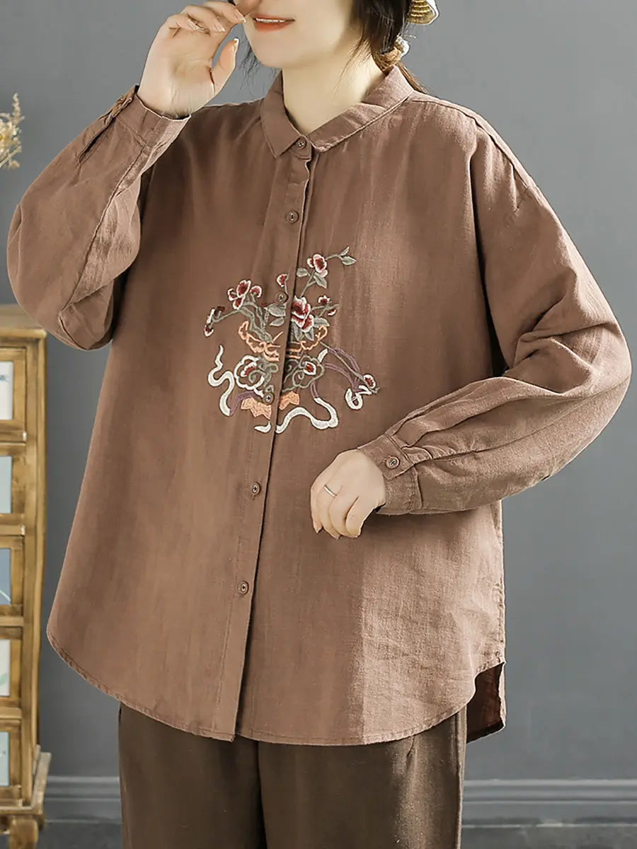 Women Spring Flower Embroidery Linen Shirt Ada Fashion