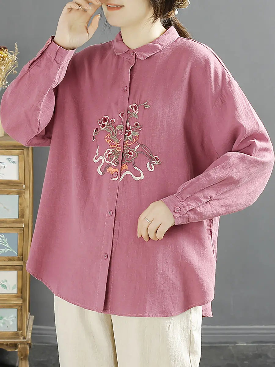 Women Spring Flower Embroidery Linen Shirt Ada Fashion