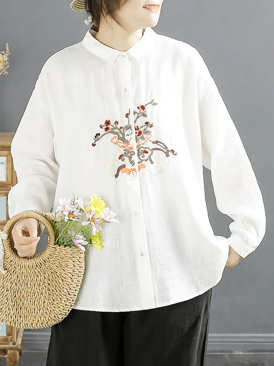 Women Spring Flower Embroidery Linen Shirt Ada Fashion