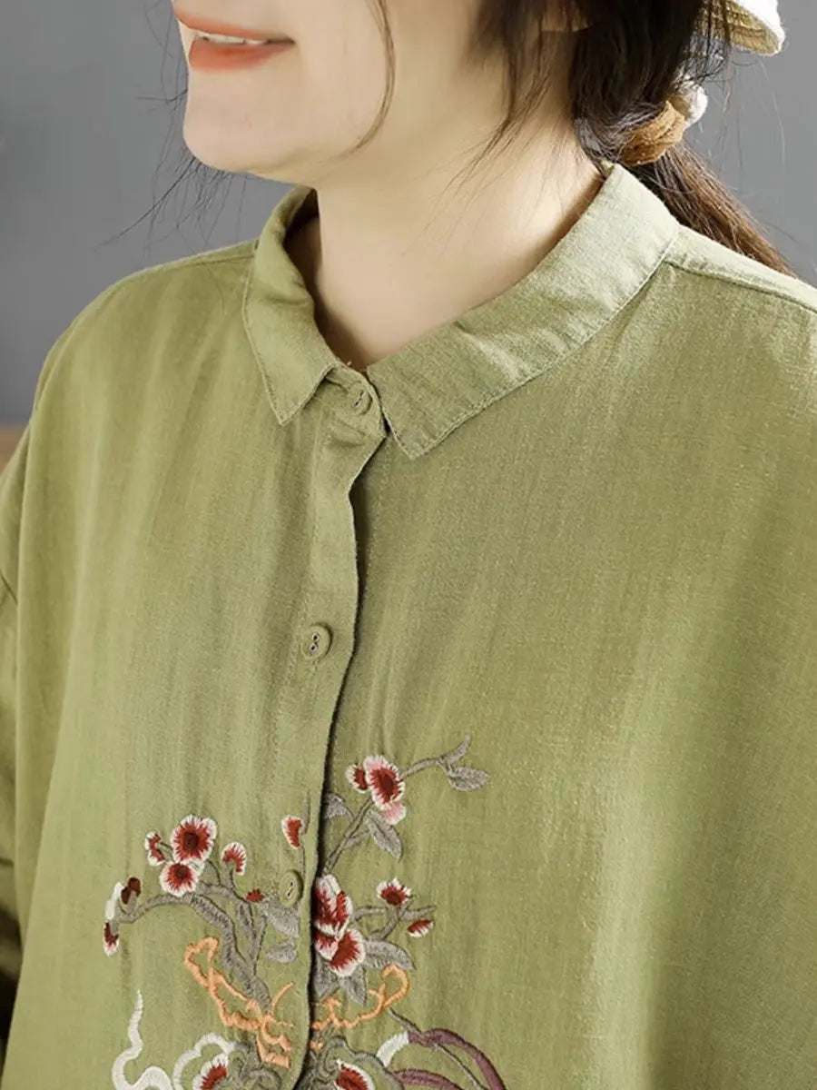 Women Spring Flower Embroidery Linen Shirt Ada Fashion