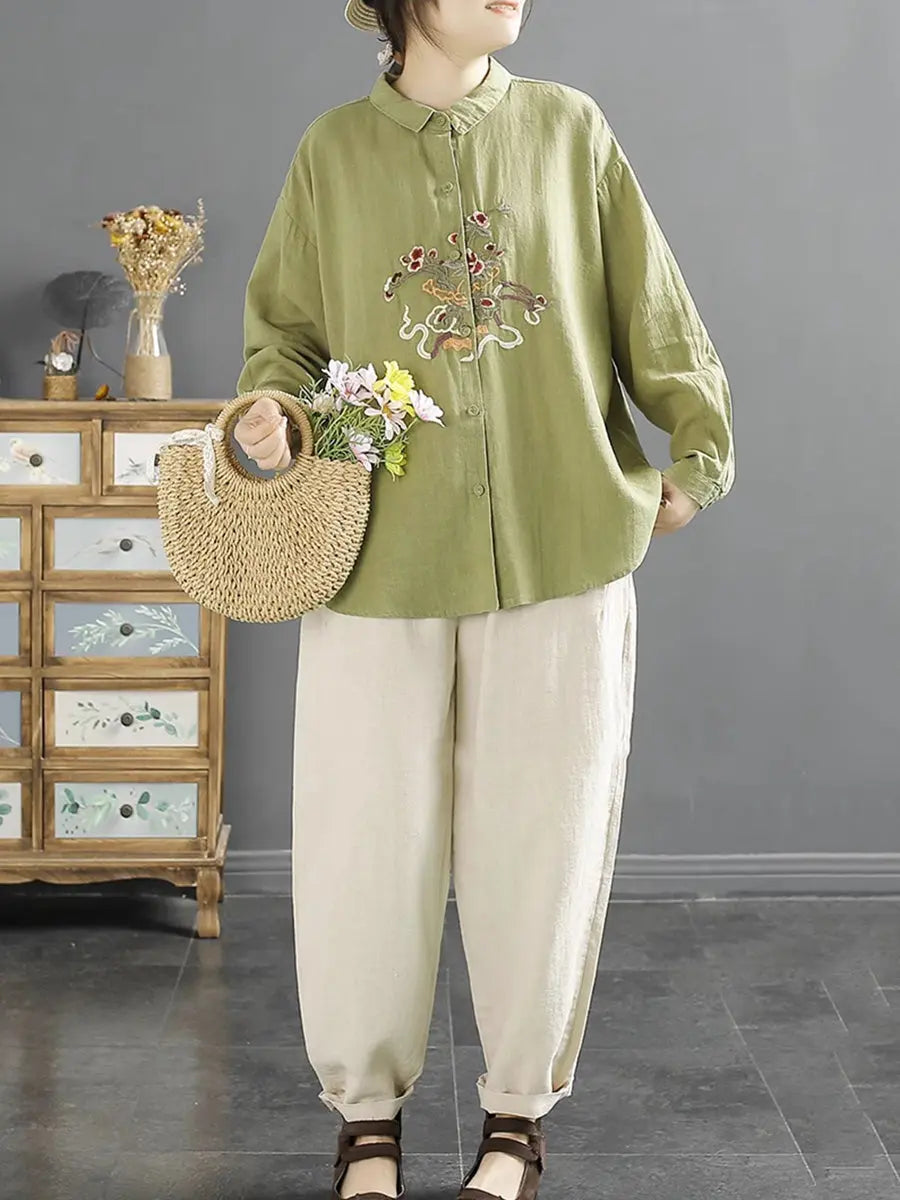 Women Spring Flower Embroidery Linen Shirt Ada Fashion