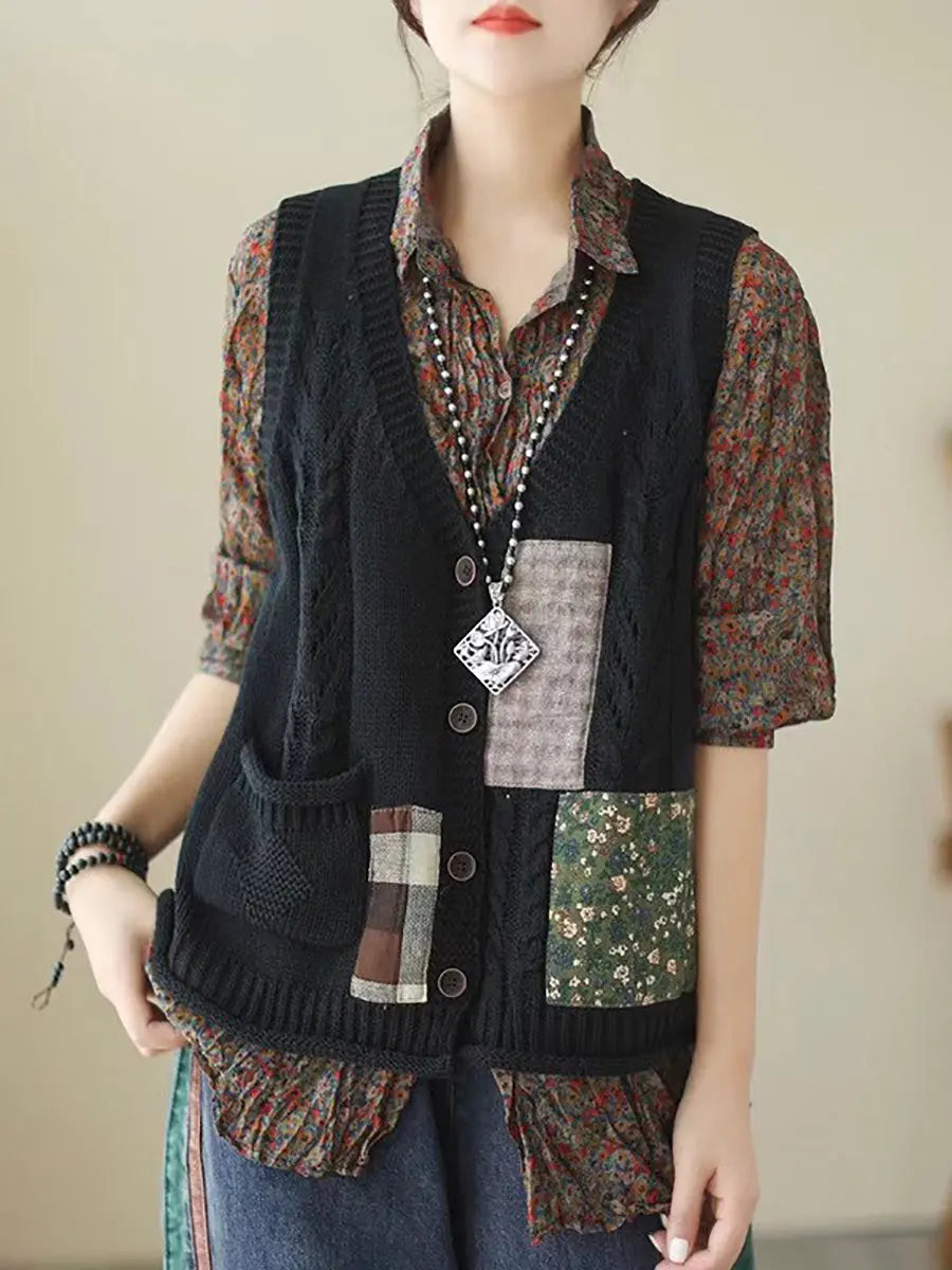 Women Spring Retro Patch Spliced Knitted Vest Ada Fashion