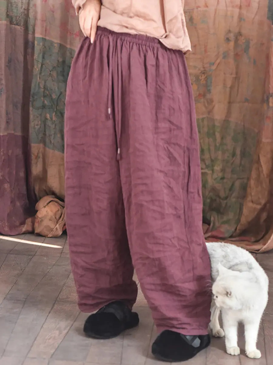 Women Spring Retro Solid Worn Linen Loose Pants Ada Fashion