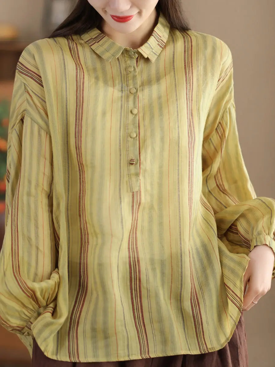 Women Spring Stripe Ramie Loose Ramie Shirt Ada Fashion