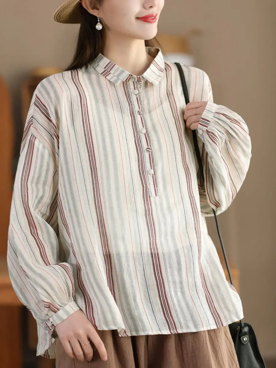 Women Spring Stripe Ramie Loose Ramie Shirt Ada Fashion