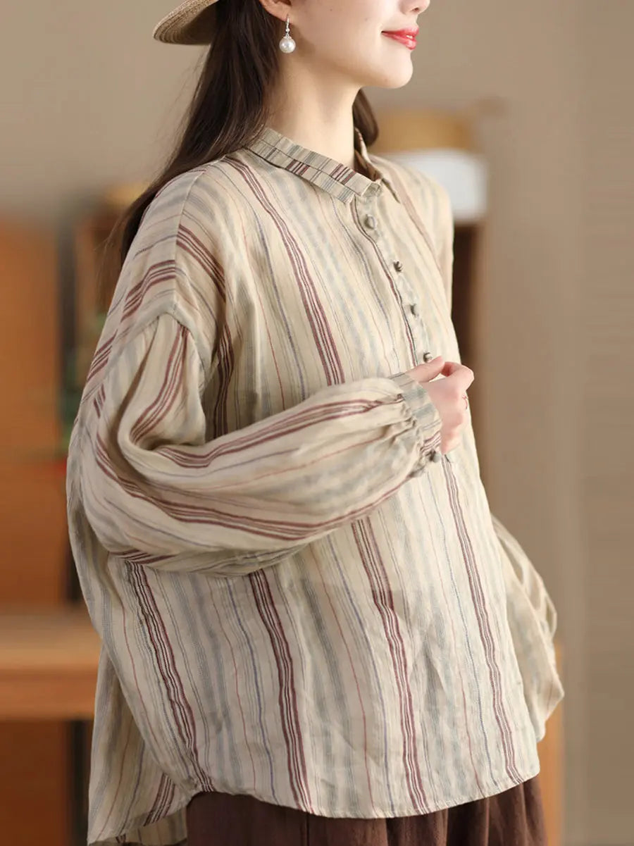 Women Spring Stripe Ramie Loose Ramie Shirt Ada Fashion