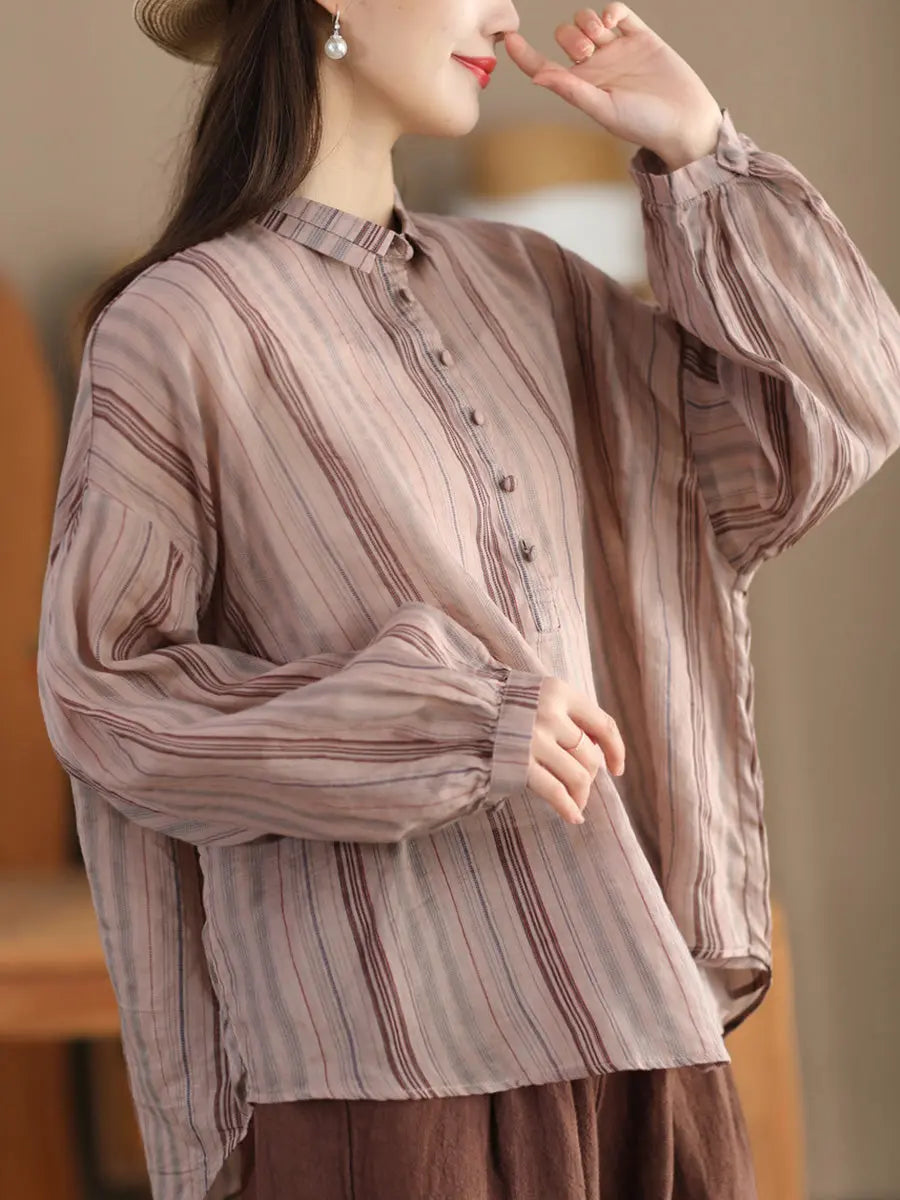 Women Spring Stripe Ramie Loose Ramie Shirt Ada Fashion