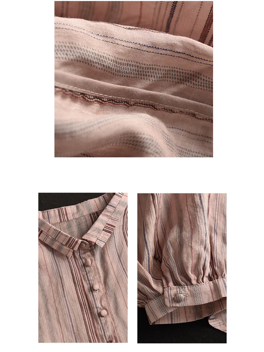 Women Spring Stripe Ramie Loose Ramie Shirt Ada Fashion