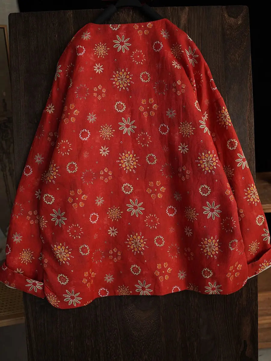 Women Spring Vintage Floral Ramie Padded Coat Ada Fashion