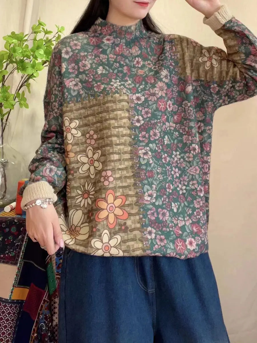 Women Spring Vintage Floral Spliced Half-Turtleneck Sweater Ada Fashion