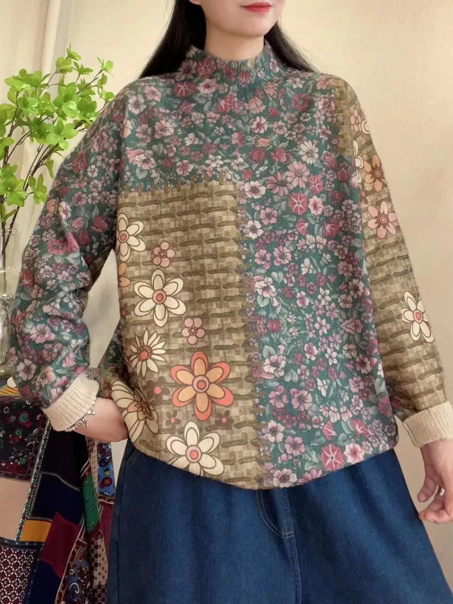 Women Spring Vintage Floral Spliced Half-Turtleneck Sweater Ada Fashion