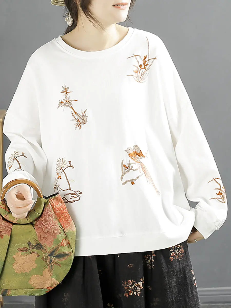 Women Spring Vintage Flower Embroidery O-Neck Shirt Ada Fashion