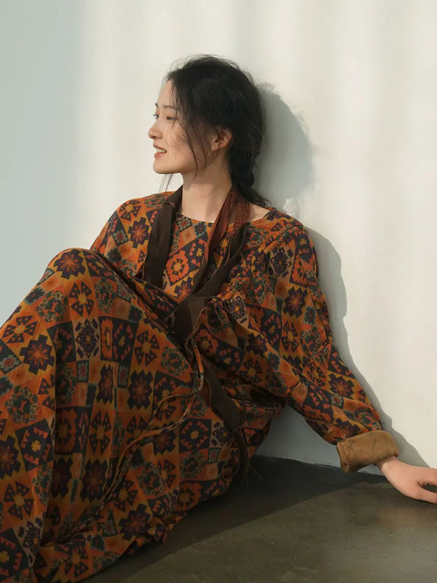 Women Spring Vintage Flower Spliced Loose Dress Ada Fashion