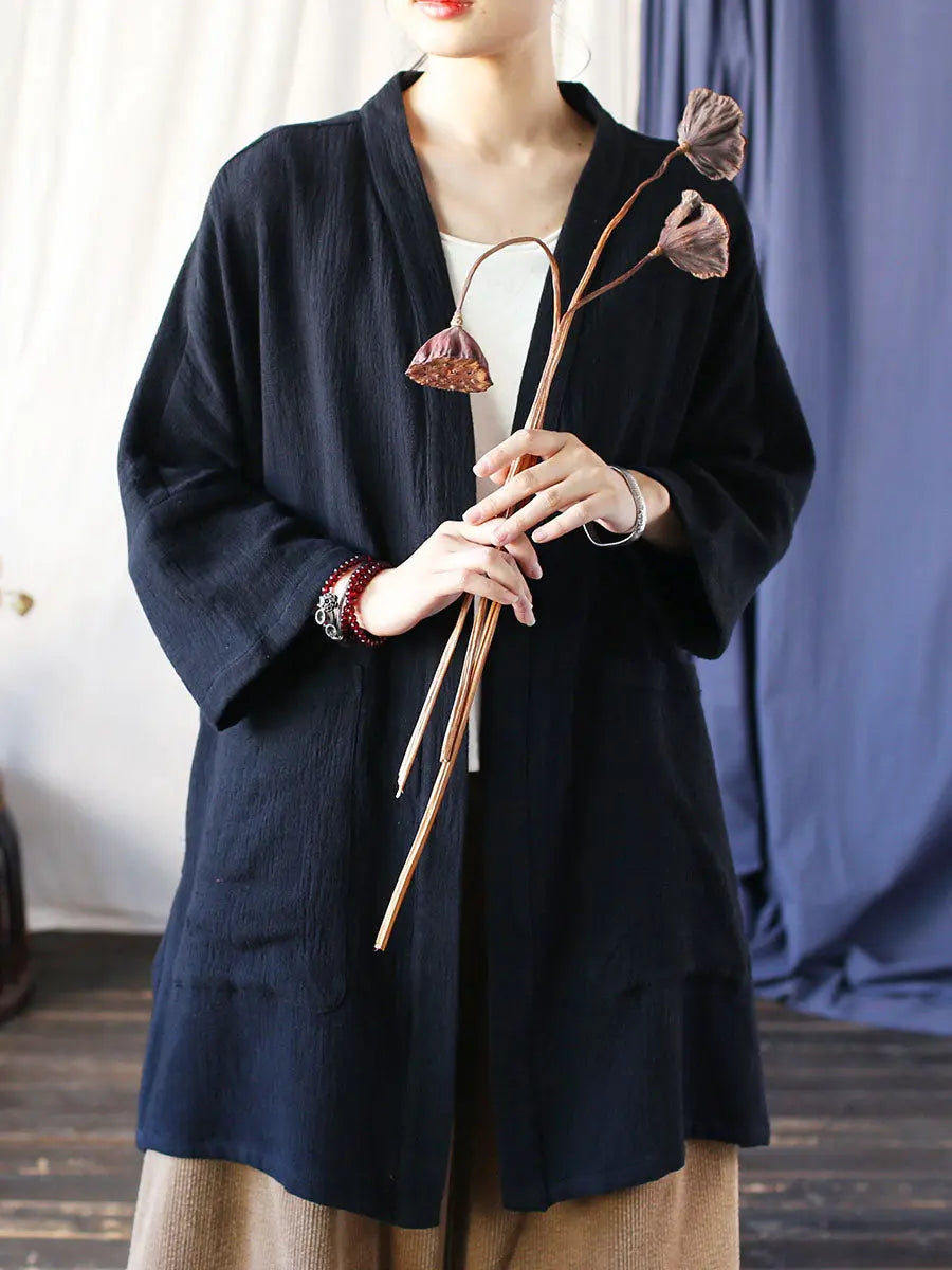 Women Spring Vintage Solid V-Neck Long Coat Ada Fashion