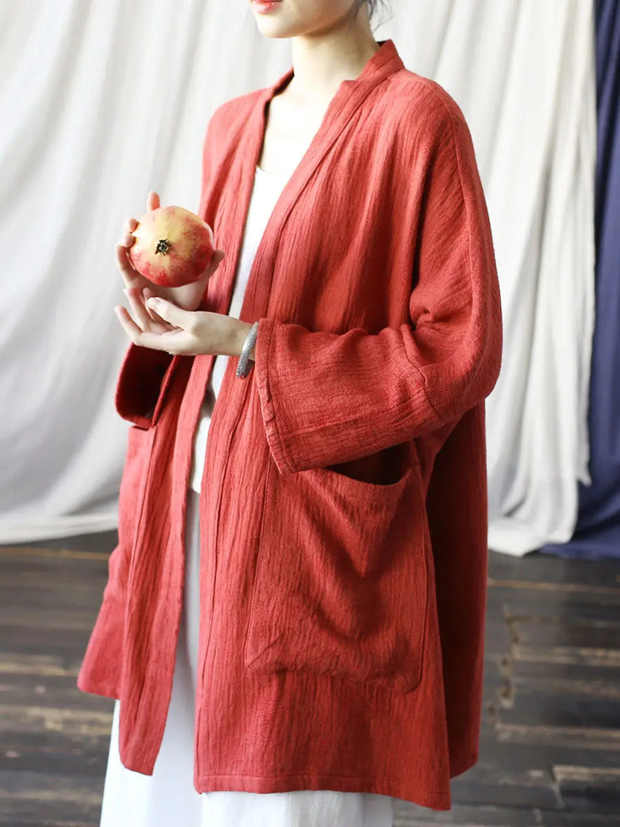 Women Spring Vintage Solid V-Neck Long Coat Ada Fashion