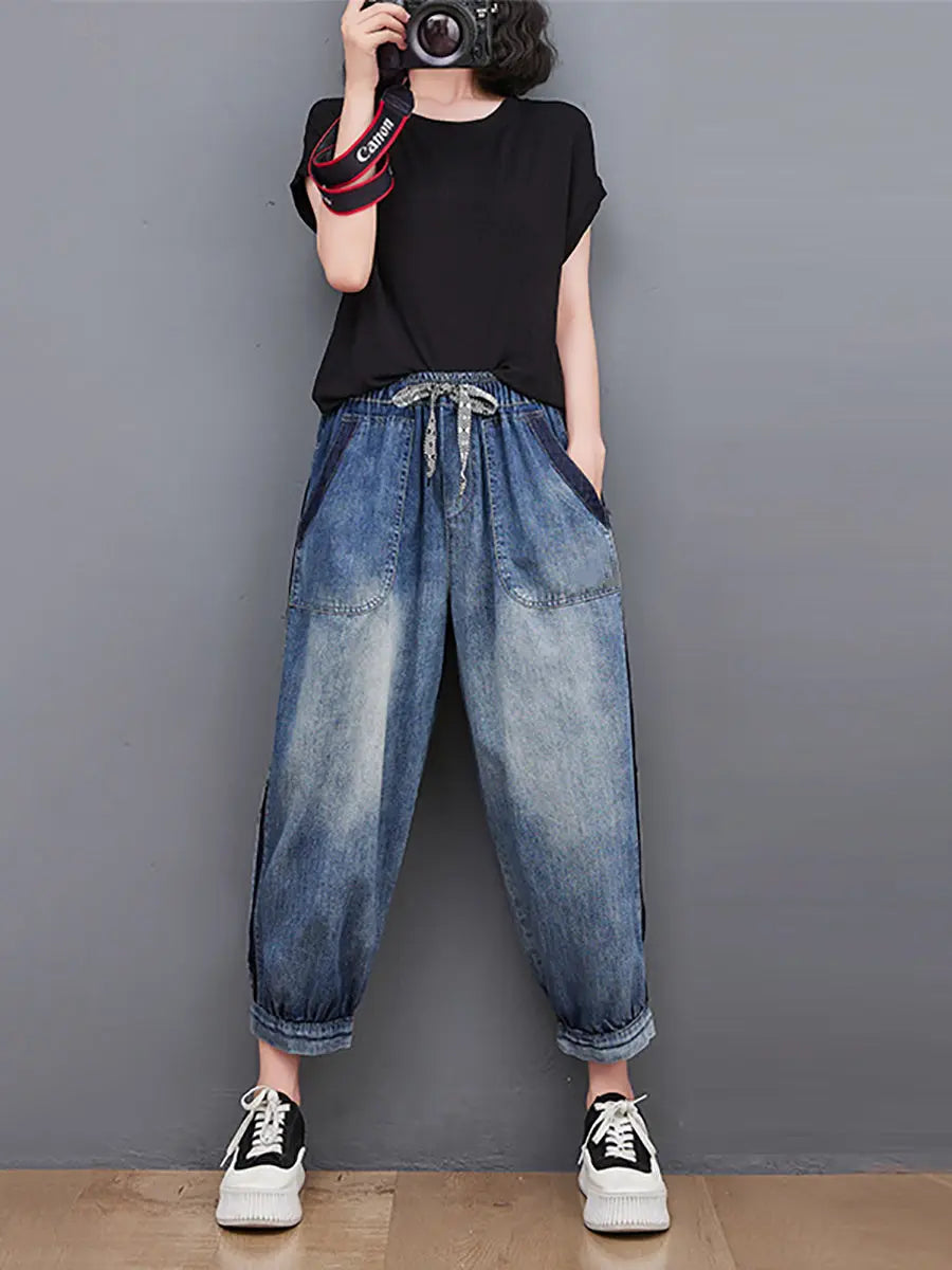 Women Spring Wahed Spliced Denim Pants Ada Fashion