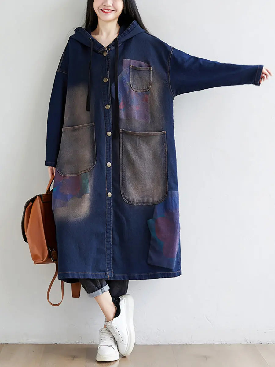 Women Spring Wron Print Splced Denim Hooded Coat Ada Fashion