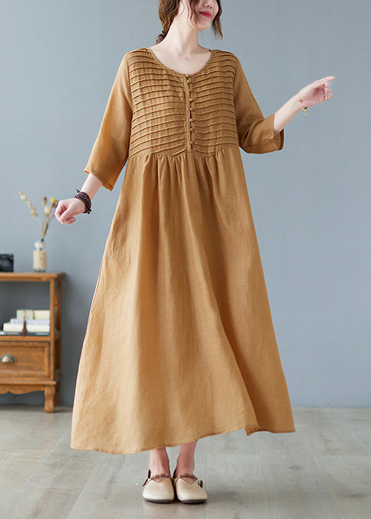 Women Square Neck Pleated Casual Maxi Vintage Dress Yellow LC0042 - fabuloryshop