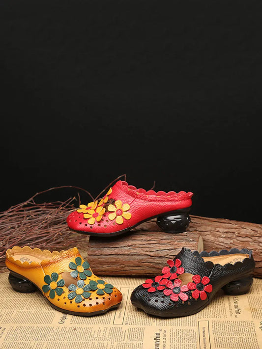 Women Summer Leather Vintage Flower Spliced Slippers Ada Fashion
