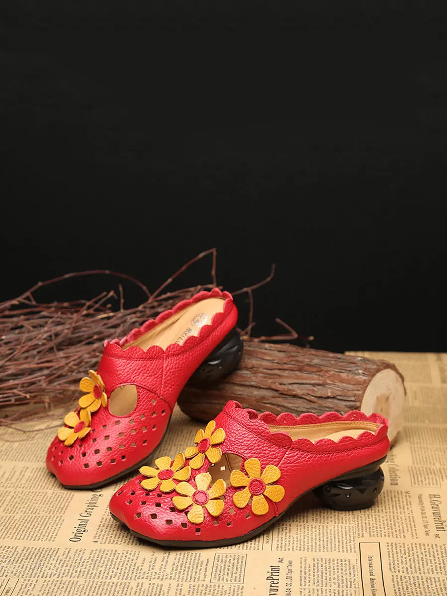 Women Summer Leather Vintage Flower Spliced Slippers Ada Fashion