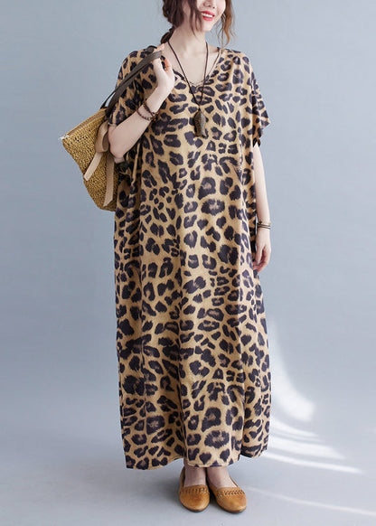 Women V Neck Leopard Print Silk Long Dresses Summer LY2381 - fabuloryshop