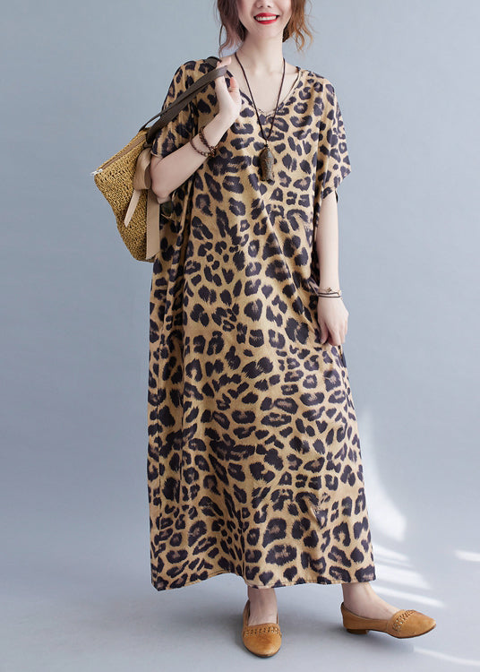 Women V Neck Leopard Print Silk Long Dresses Summer LY2381 - fabuloryshop